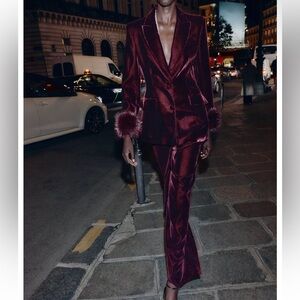 Zara set velvet blazer with faux fur cuffs and velvet wide leg pants